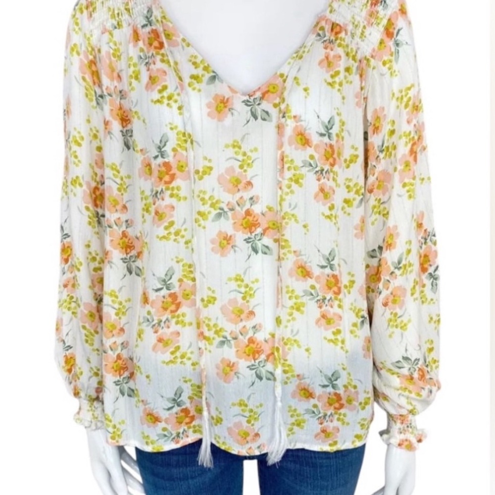 Cupcakes & Cashmere Peasant Floral V-Neck Large Blouse Top Boho Flowy Shirt